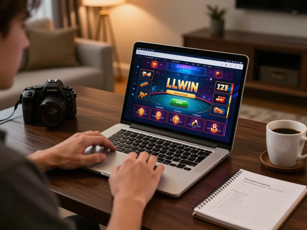 Engaged player strategizing with LLWIN casino interface on a sleek laptop in a cozy home setup.