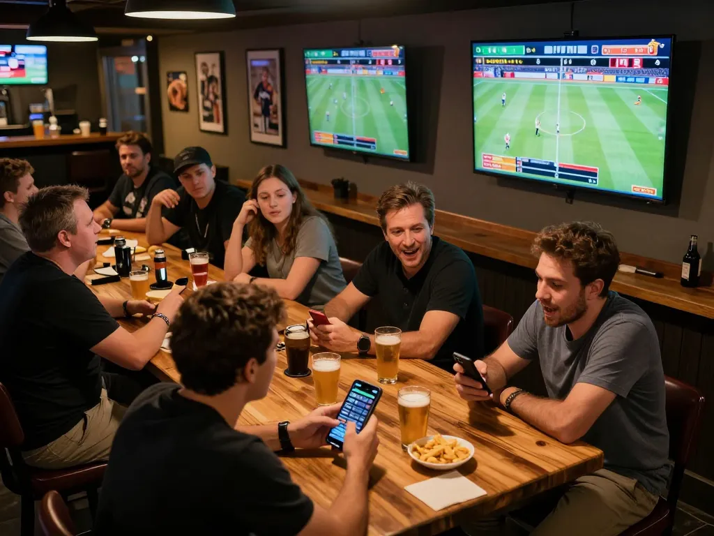 Live sports betting experience with Nowgoal app, fans engaged in strategic betting analysis