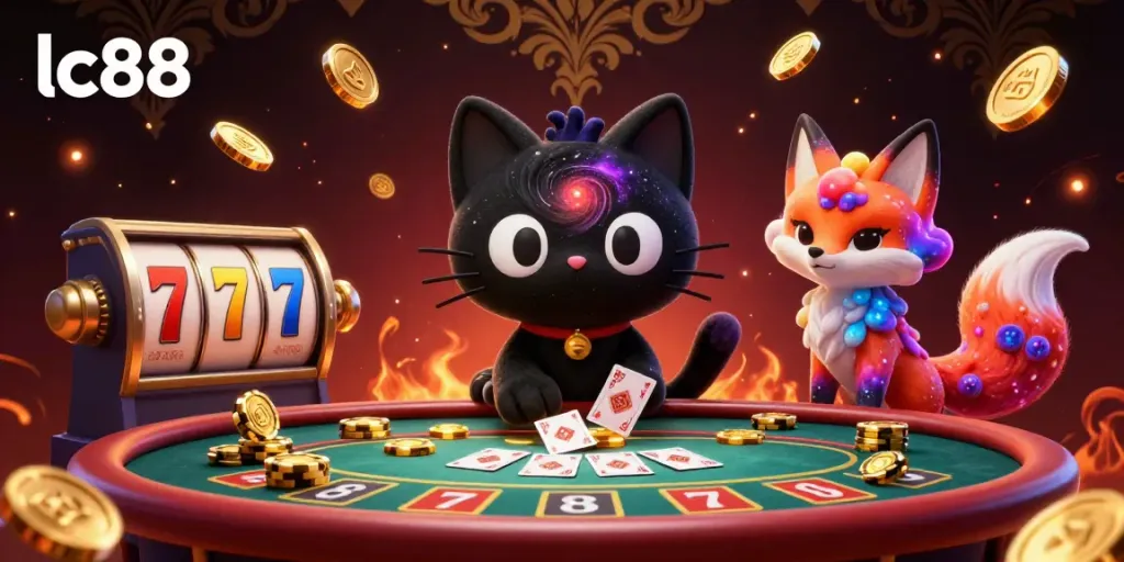 Experience the excitement of lc88 casino with the animated black hole cat pulling in golden chips and cards.