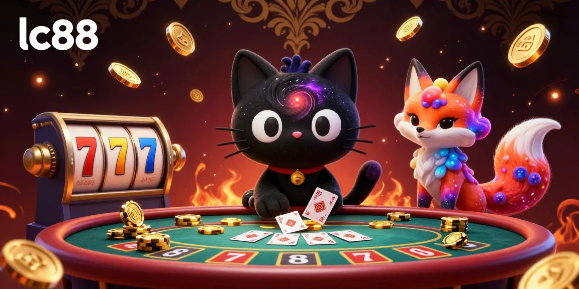 Experience the excitement of lc88 casino with the animated black hole cat pulling in golden chips and cards.