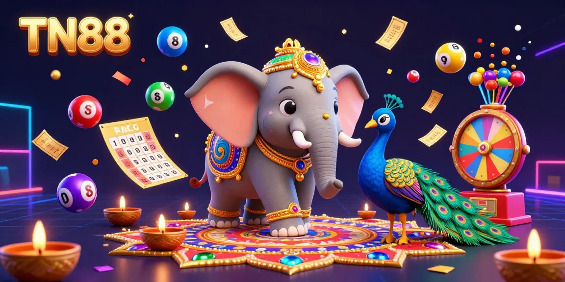Experience TN88's vibrant gaming world with illuminated Elephants and dynamic casino elements.