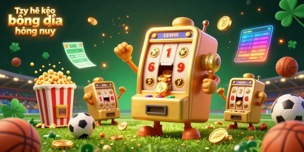 Tỷ lệ kèo bóng đá hôm nay sports betting illustration featuring a joyful golden slot machine celebrating a jackpot amid vibrant stadium elements.