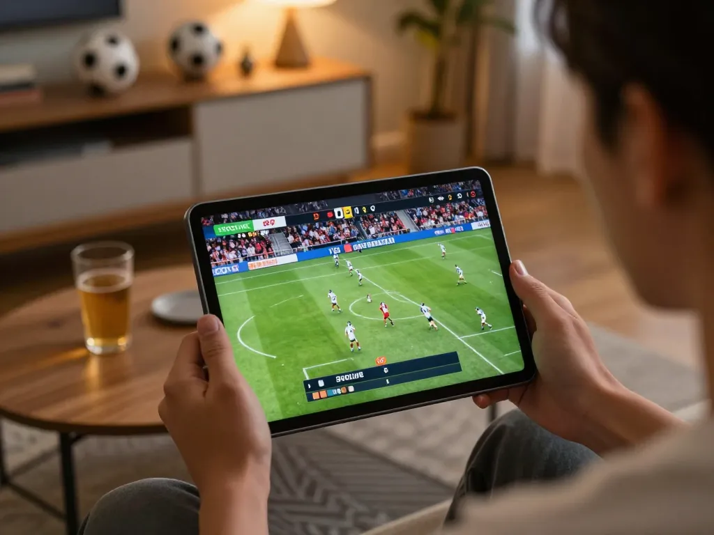 SOCOLIVE user streaming a football match on a tablet in a cozy living room setting