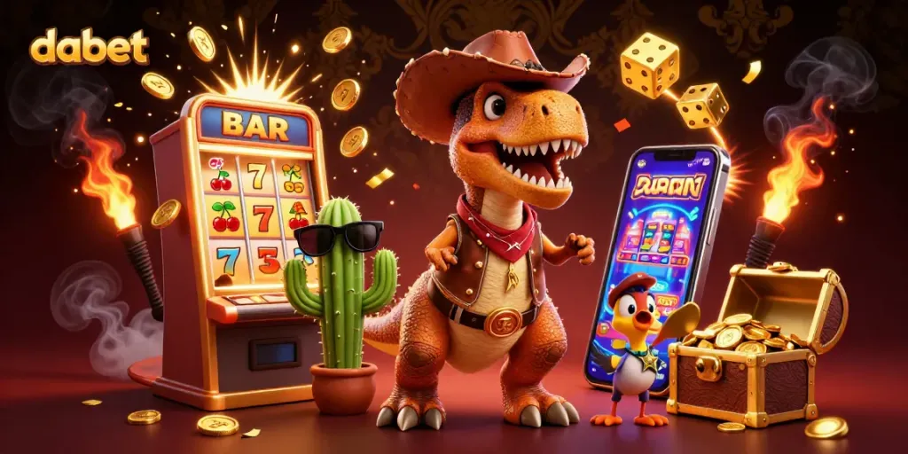 Dabet energizes players with a vibrant 3D casino scene featuring characters engaging with a jackpot explosion and dynamic game elements.