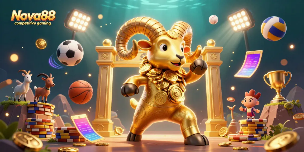 Experience the thrill of Nova88 competitive gaming with a dynamic scene of a golden ram charging and sports elements.