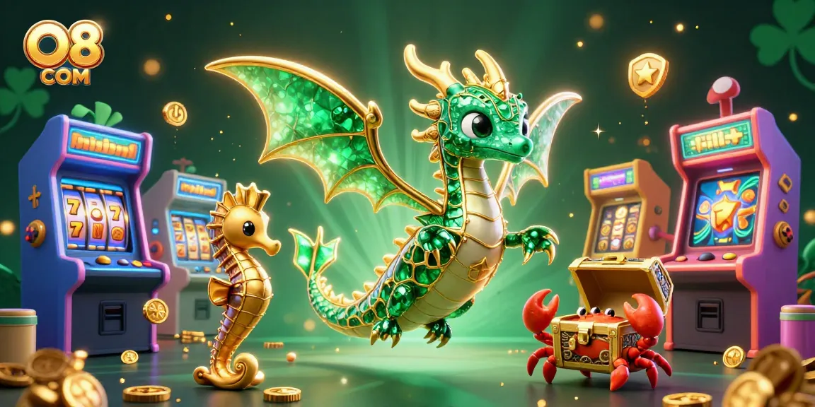 Experience thrilling wins with O8 COM amidst colorful 3D casino games and a majestic sea dragon.