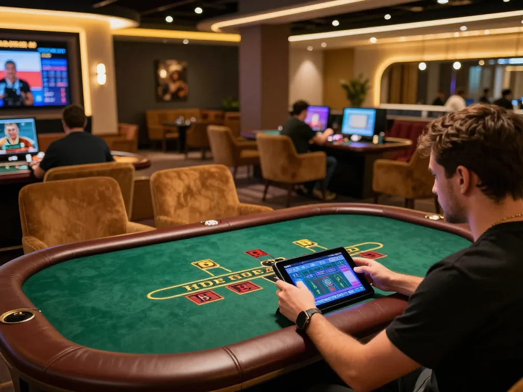 B52 club player engaging in live blackjack game on tablet, modern casino atmosphere