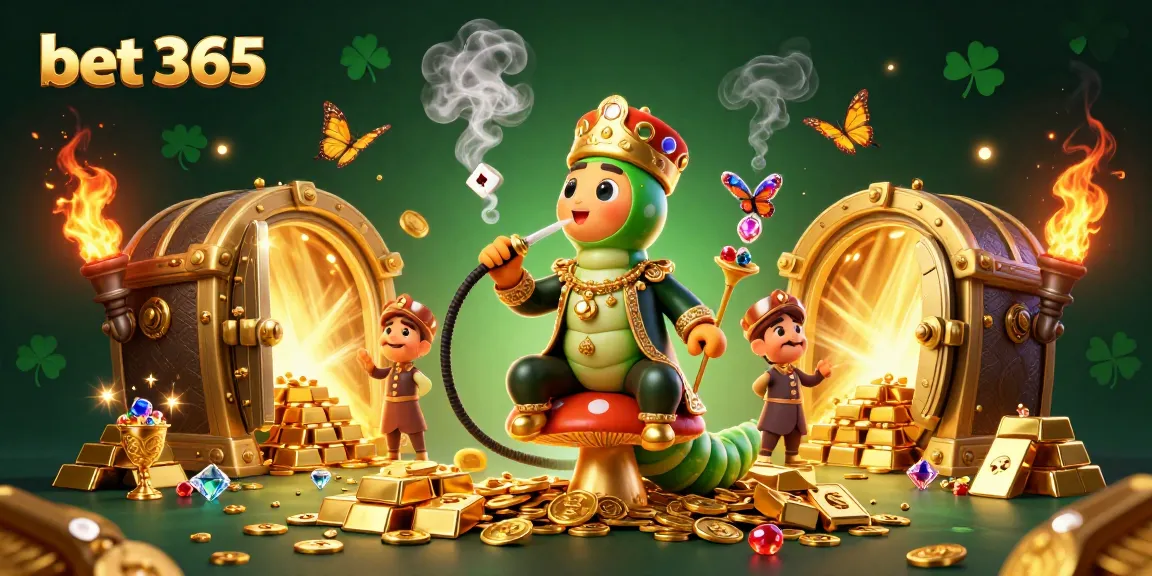 Bet 365 celebrates wins in a vibrant 3D cartoon scene filled with treasures and energetic elements.