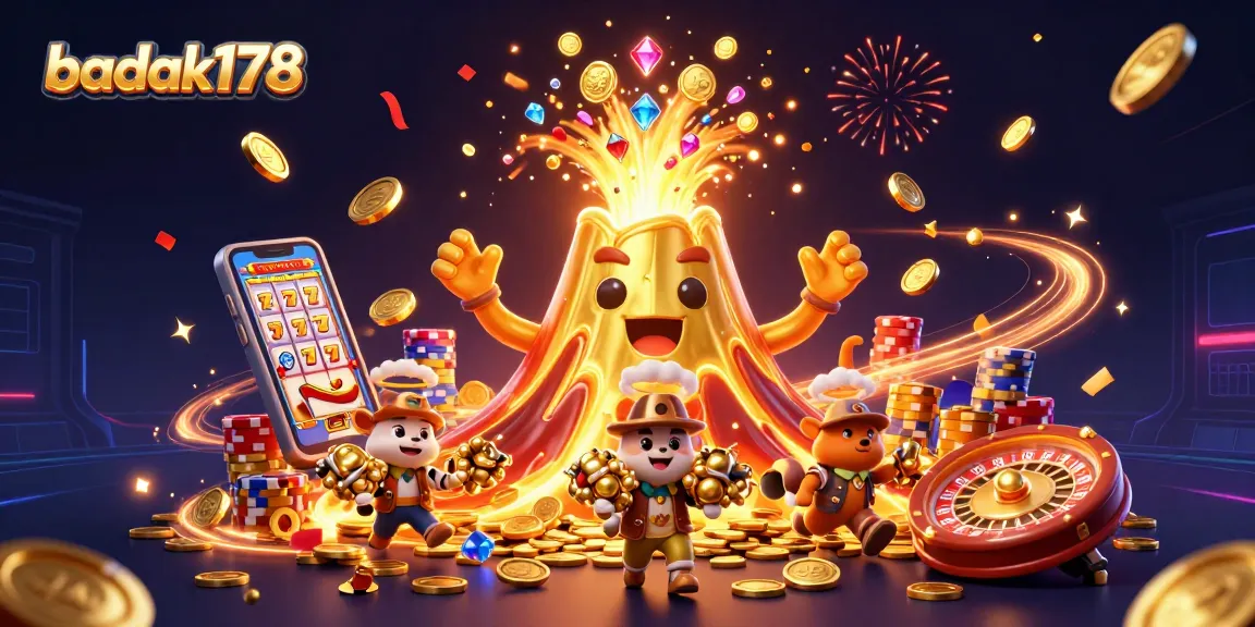 Experience the excitement of badak178 with thrilling animations of treasures erupting from a golden volcano.