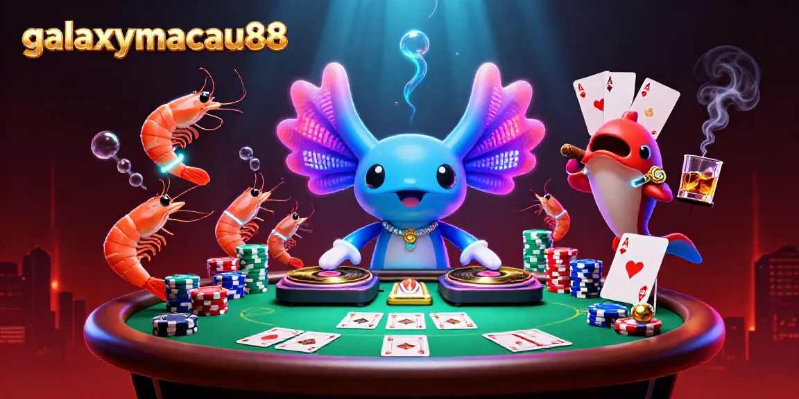 Experience the excitement of galaxymacau88 with a neon-themed underwater casino scene featuring a DJ axolotl and lively shrimp dancers.