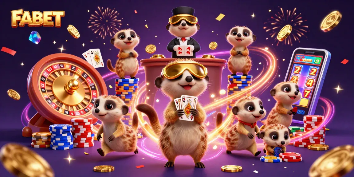 FABET meerkats celebrating in a lively casino scene with coins and cards