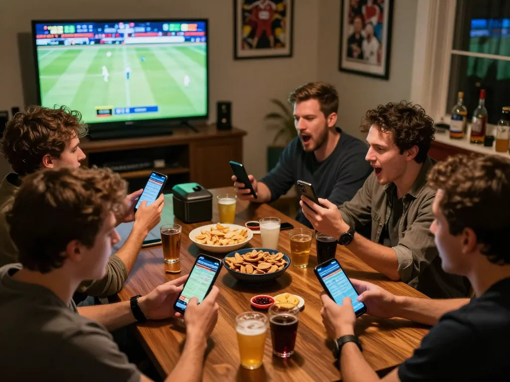 Soi keo during a lively sports betting gathering, friends engaging with mobile apps and cheering for their teams.