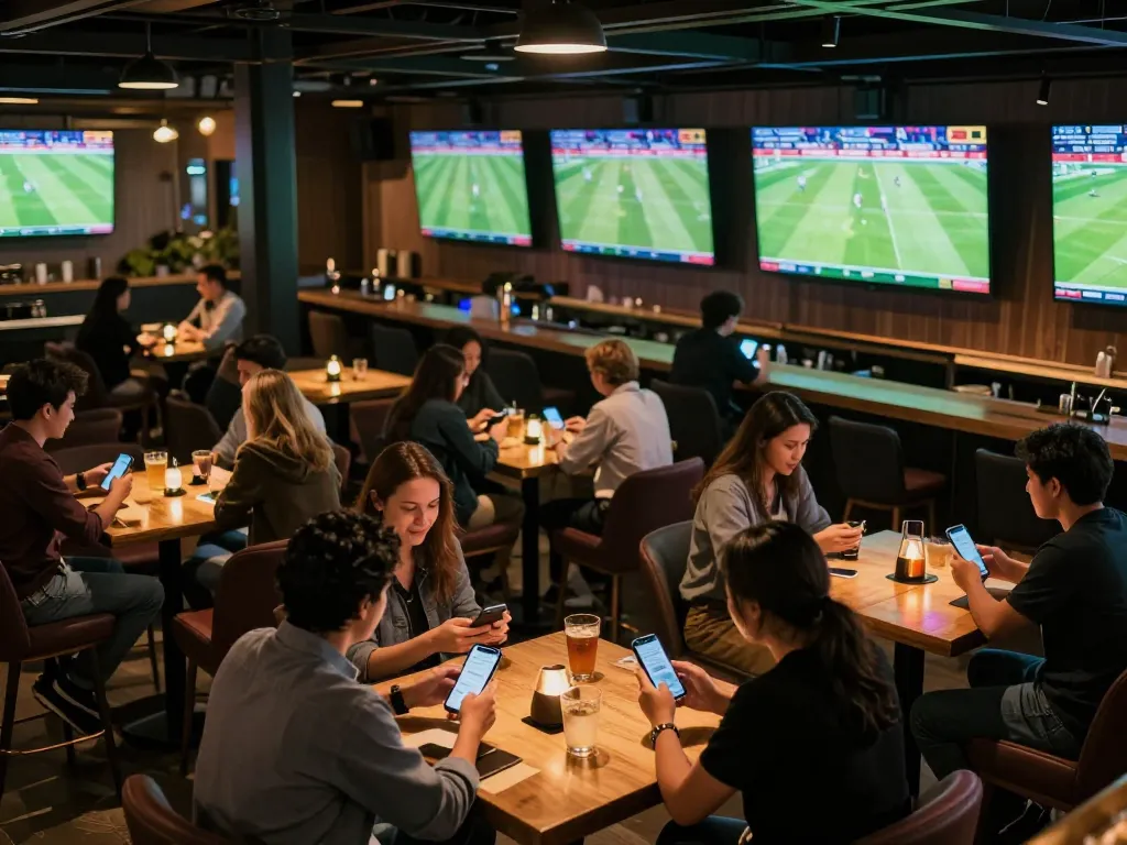 Engaging moment at trang cá cược bóng đá in urban sports bar with patrons using betting apps.