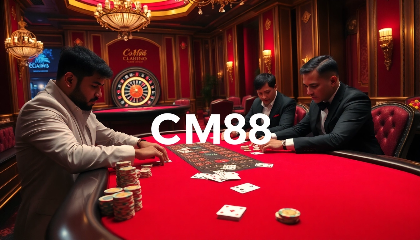 CM88 casino scene with thrilling poker action and vibrant atmosphere, showcasing high stakes and luxury.