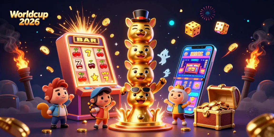 Bet on Worldcup 2026 with vibrant slot machines, golden dice, and festive elements.