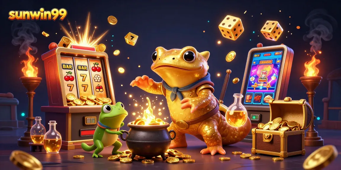Experience the excitement of sunwin99 with a 3D alchemist creating gold coins amid casino action.