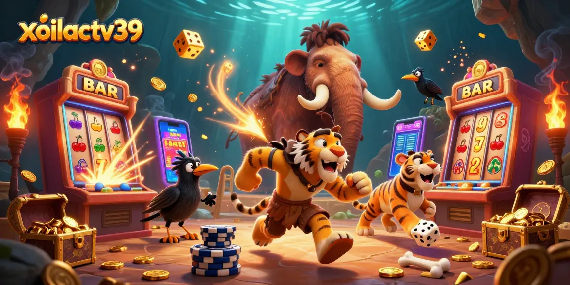 xoilactv39's prehistoric casino scene with caveman, tiger, and crow amidst dynamic jackpot elements.