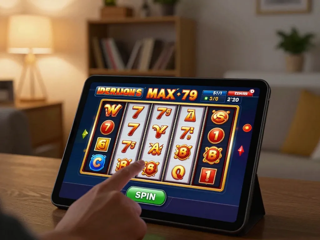 Play max 79 slot game on a tablet with vibrant animated reels showcasing a home gaming setup