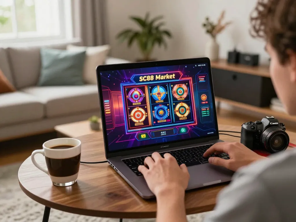 Playing online slots at SC88 Market from a cozy home setup with dynamic visual engagement.
