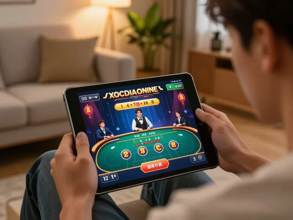 xocdiaonline online gameplay session on tablet, showcasing strategy and winning potential in a cozy home setting