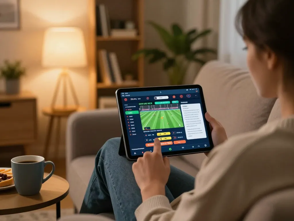 Person managing 7mz betting strategies on a tablet in a relaxed home setting.