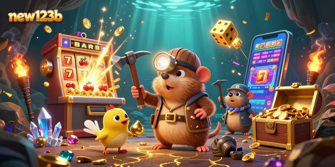 Win big at new123b with a thrilling jackpot from the exploding slot machine in a treasure-filled cave.