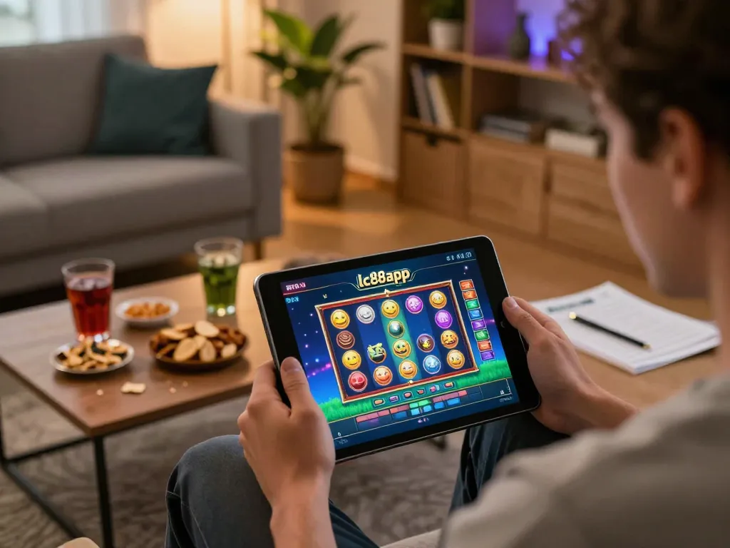 Engaging with the lc88app during an online gaming session in a cozy home setting.
