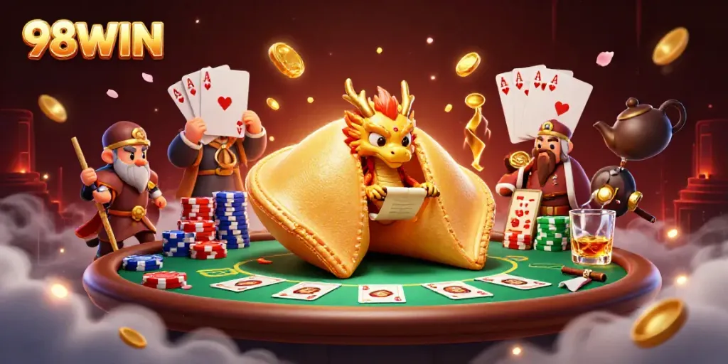 Experience the excitement of 98WIN with a vibrant scene featuring a fortune cookie, dragon, and poker elements.