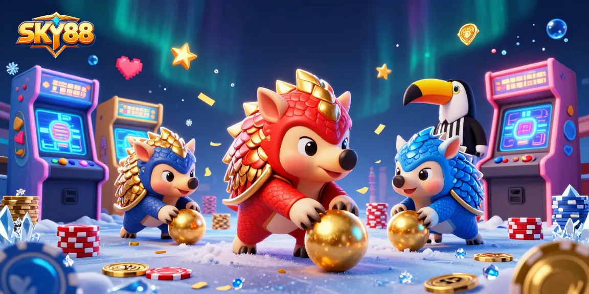 Engage in gaming excitement with SKY88, featuring animated pangolins and vibrant casino elements.