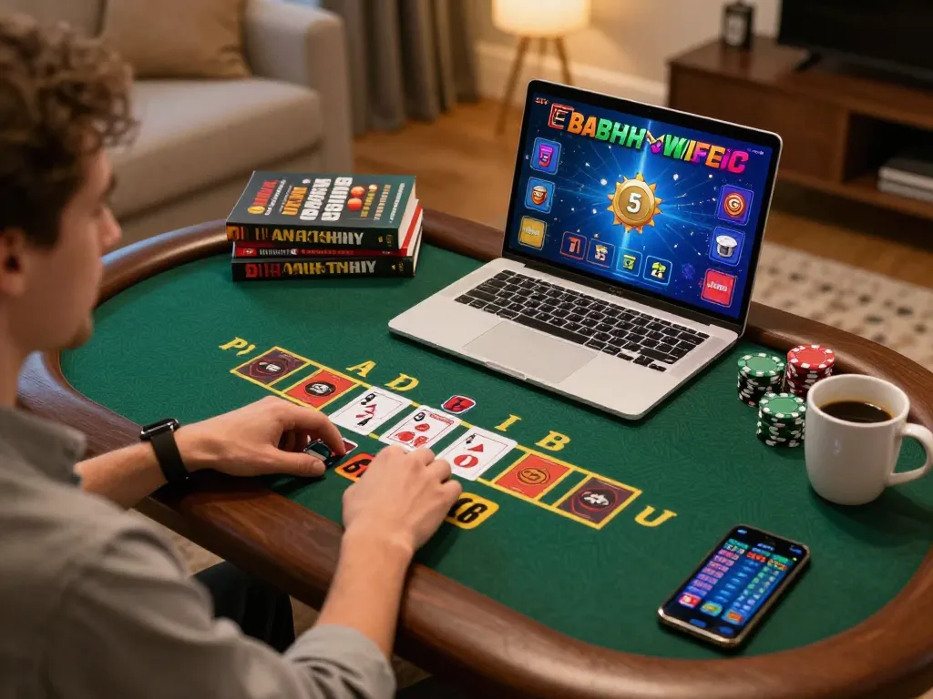 Player enjoying a game on rik vip platform, surrounded by gambling strategy materials and warm lighting.