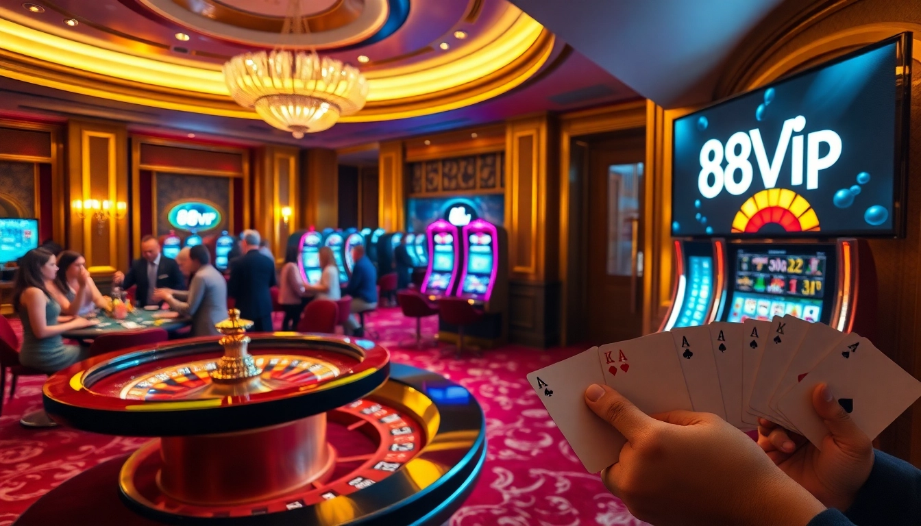 Players engaging at a vibrant 68VIP casino table with roulette and poker action.