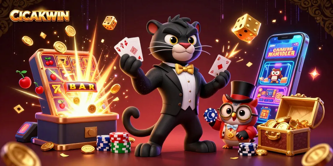 CICAKWIN showcases a glamorous 3D casino scene with lively characters and an explosive slot machine.
