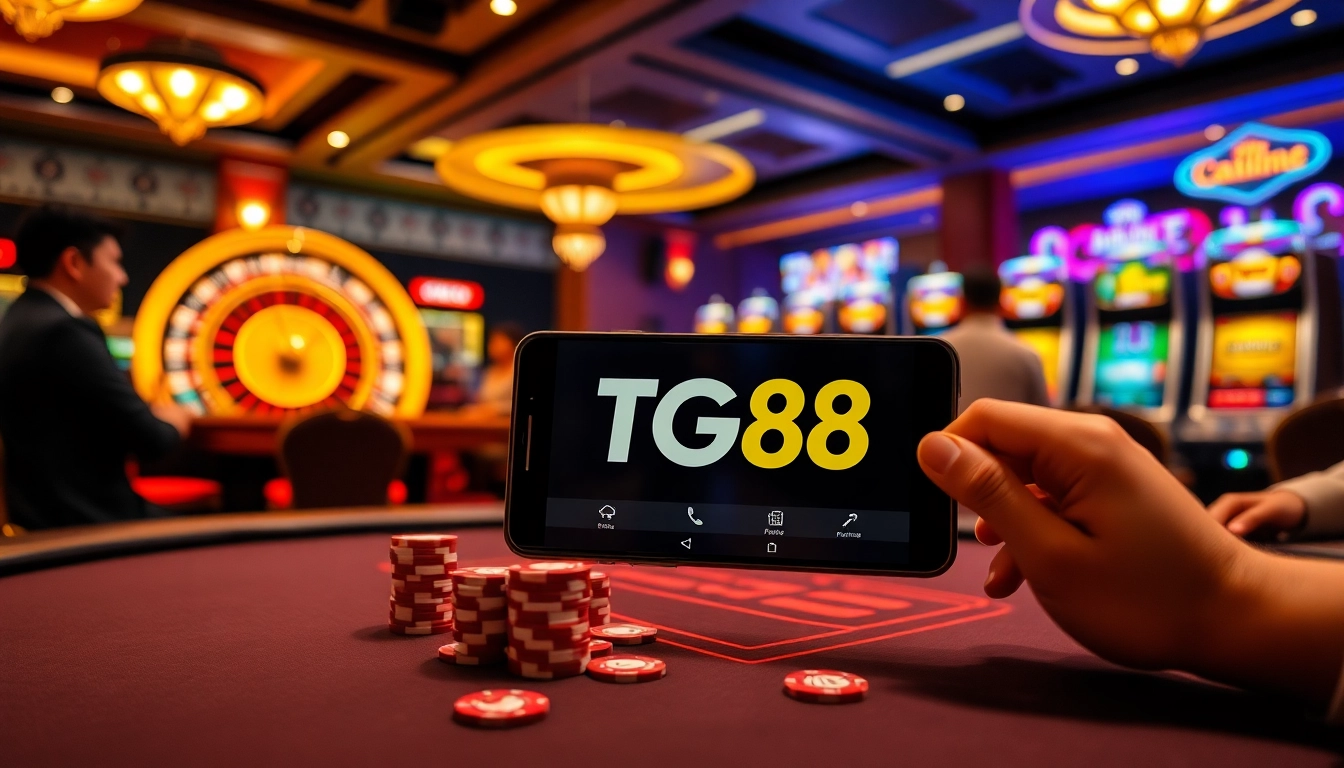 Experience the thrill of betting at tg88 with a vibrant casino scene featuring poker chips and a spinning roulette wheel.
