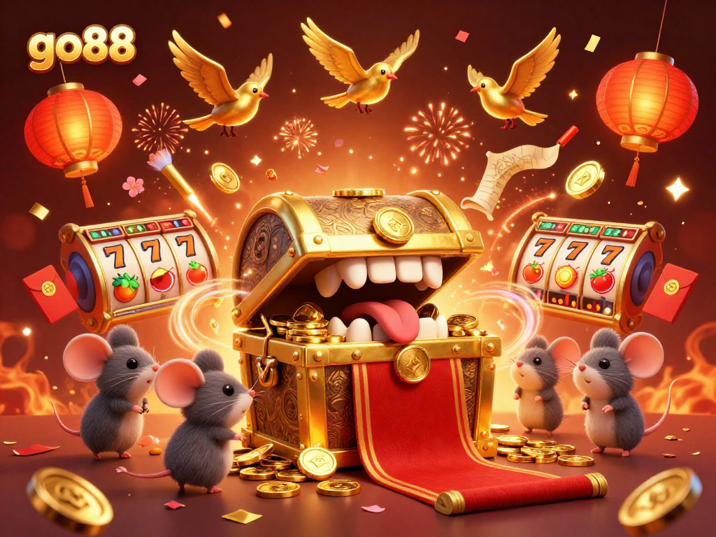 Experience go88's thrilling adventure with a treasure chest and lucky symbols in a vibrant casino scene.