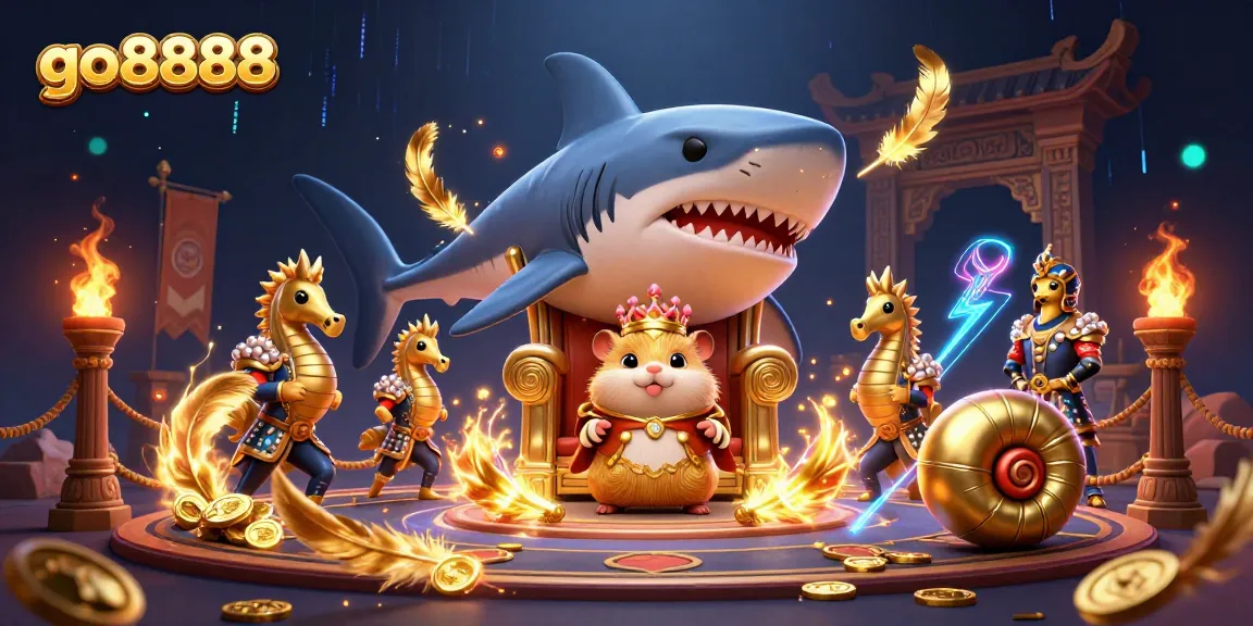 Engage with go8888 in a vivid casino-themed scene featuring a golden hamster king and dynamic elements.