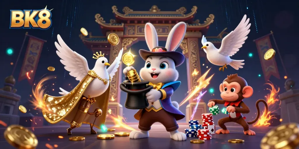 Experience BK8's magic with a whimsical scene of a magician rabbit, sequined dove, and playful monkey amid golden coins and banners.