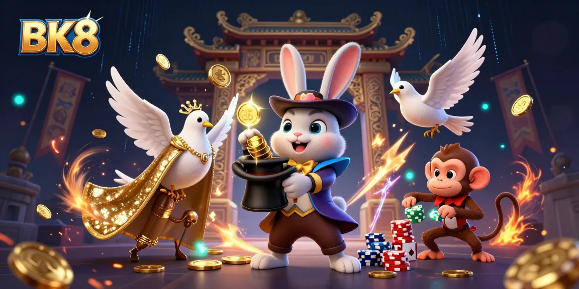 Experience BK8's magic with a whimsical scene of a magician rabbit, sequined dove, and playful monkey amid golden coins and banners.