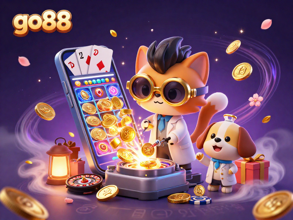 Go88's cartoon casino scene shows a scientist cat and dog creating golden coins amid slot games and poker.