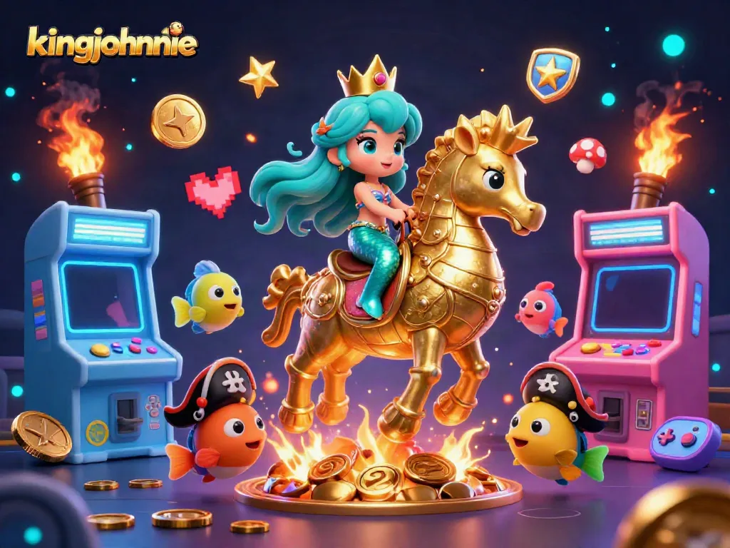 Join kingjohnnie's adventure at the online casino with a mermaid princess and seahorse in a vibrant gaming scene.