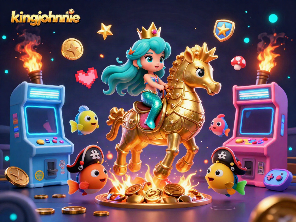 Join kingjohnnie's adventure at the online casino with a mermaid princess and seahorse in a vibrant gaming scene.