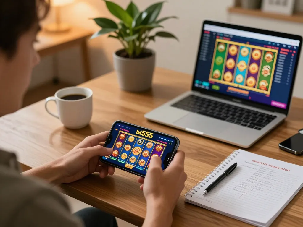 Engaged player using bl555 com Casino app on smartphone, showcasing an immersive gaming experience.