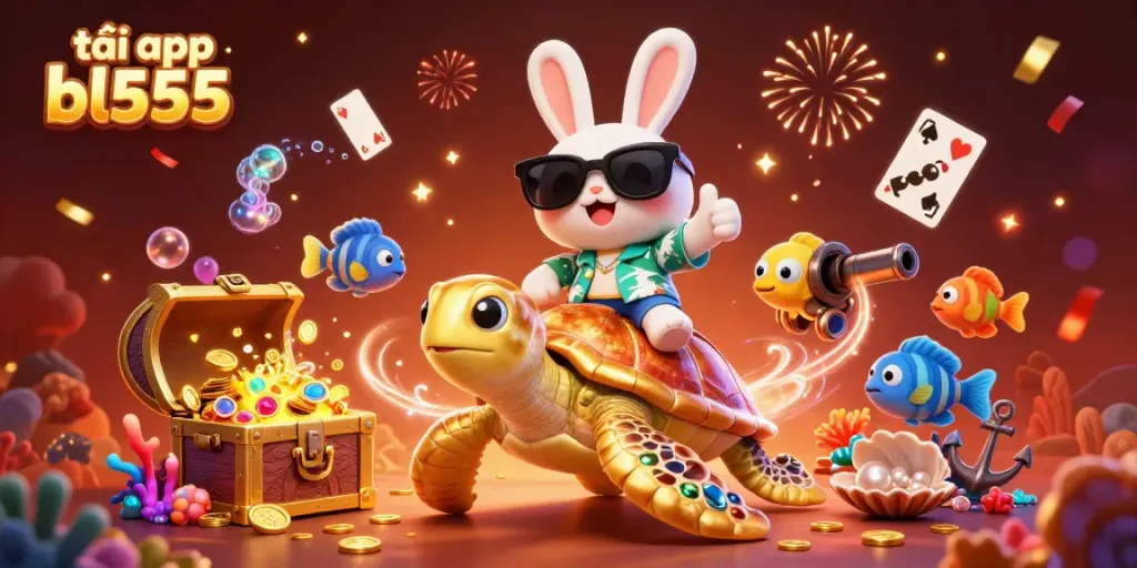 Experience excitement with tải app bl555, showcasing a lucky rabbit and golden turtle in a vibrant casino scene.