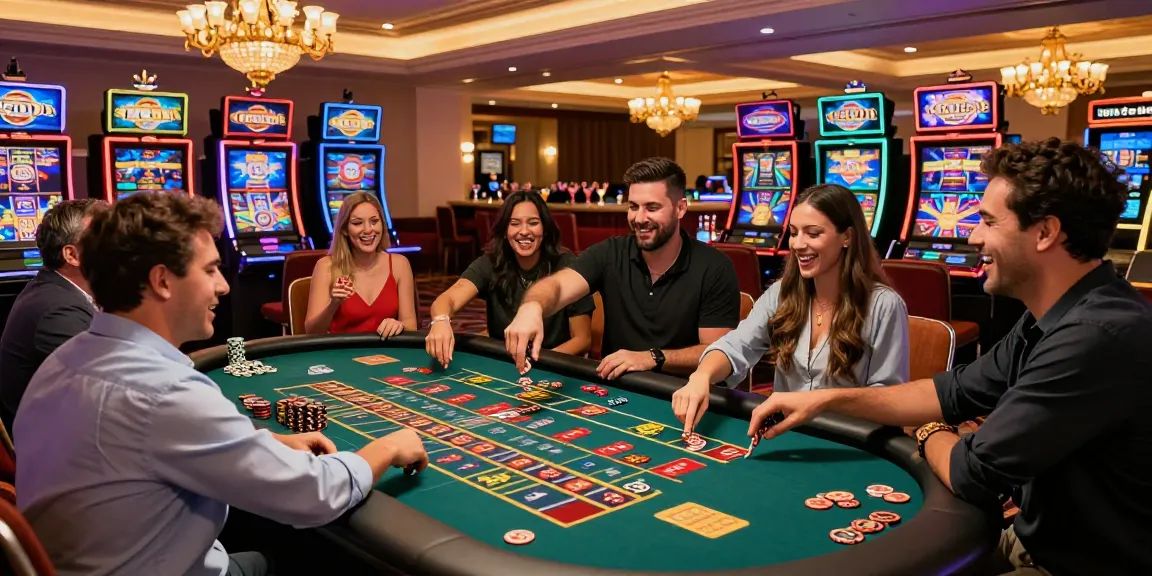 Engaged players at Gran Poseidon Paraguay casino enjoying roulette with vibrant ambiance.