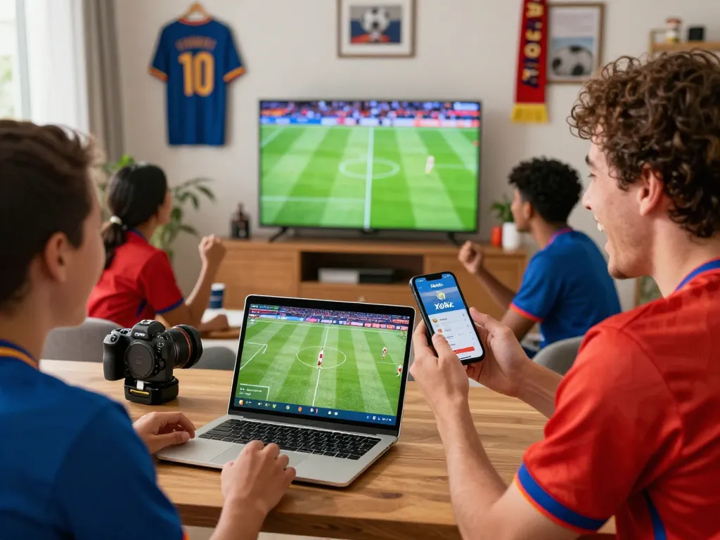 Excited fans engaging with Xoilac online football streaming on multiple devices in a lively living room setting.