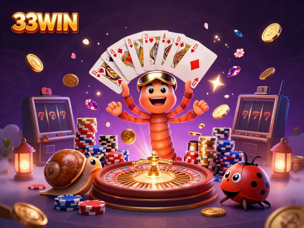 Experience thrilling wins at 33WIN with a lively 3D casino scene featuring delightful characters and exciting game elements.