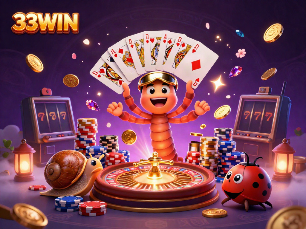 Experience thrilling wins at 33WIN with a lively 3D casino scene featuring delightful characters and exciting game elements.