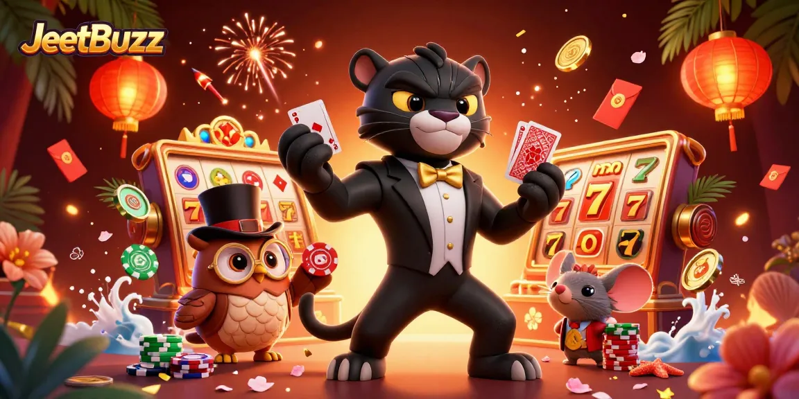 Engage in exciting gameplay at JeetBuzz with a stylish black panther dealer and fun characters.