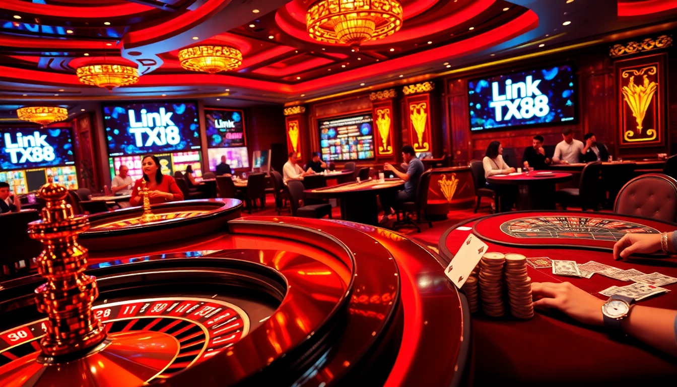 Engage in high-stakes excitement at Link TX88's luxurious casino, featuring roulette and poker tables.