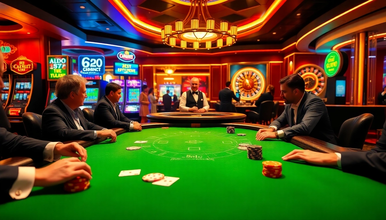 Engaging scene of a poker table in a casino with the FUN88 link highlighted amidst vibrant gambling elements.