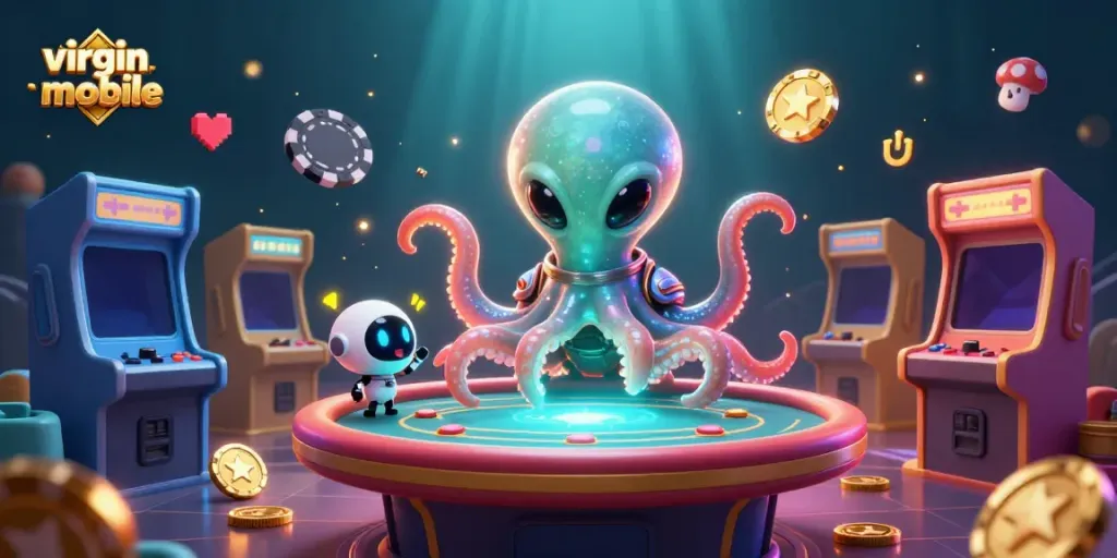 Experience interactive play with virgin-mobile in this vibrant digital casino world featuring an alien octopus and a tiny robot.